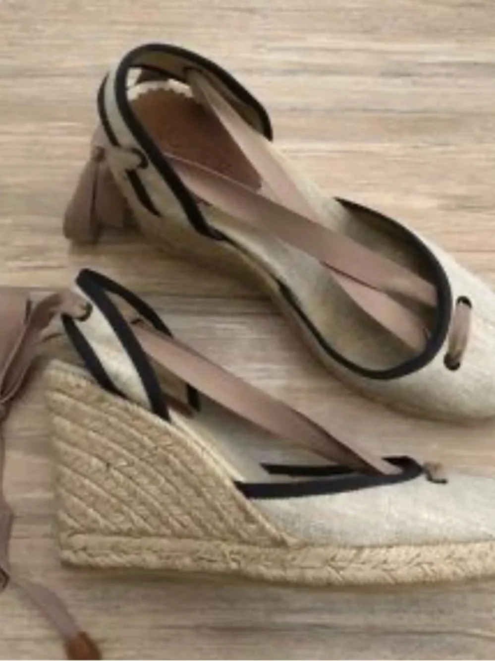 J. Crew Natural Canvas Espadrille Lace-Up Flats with Black Trim